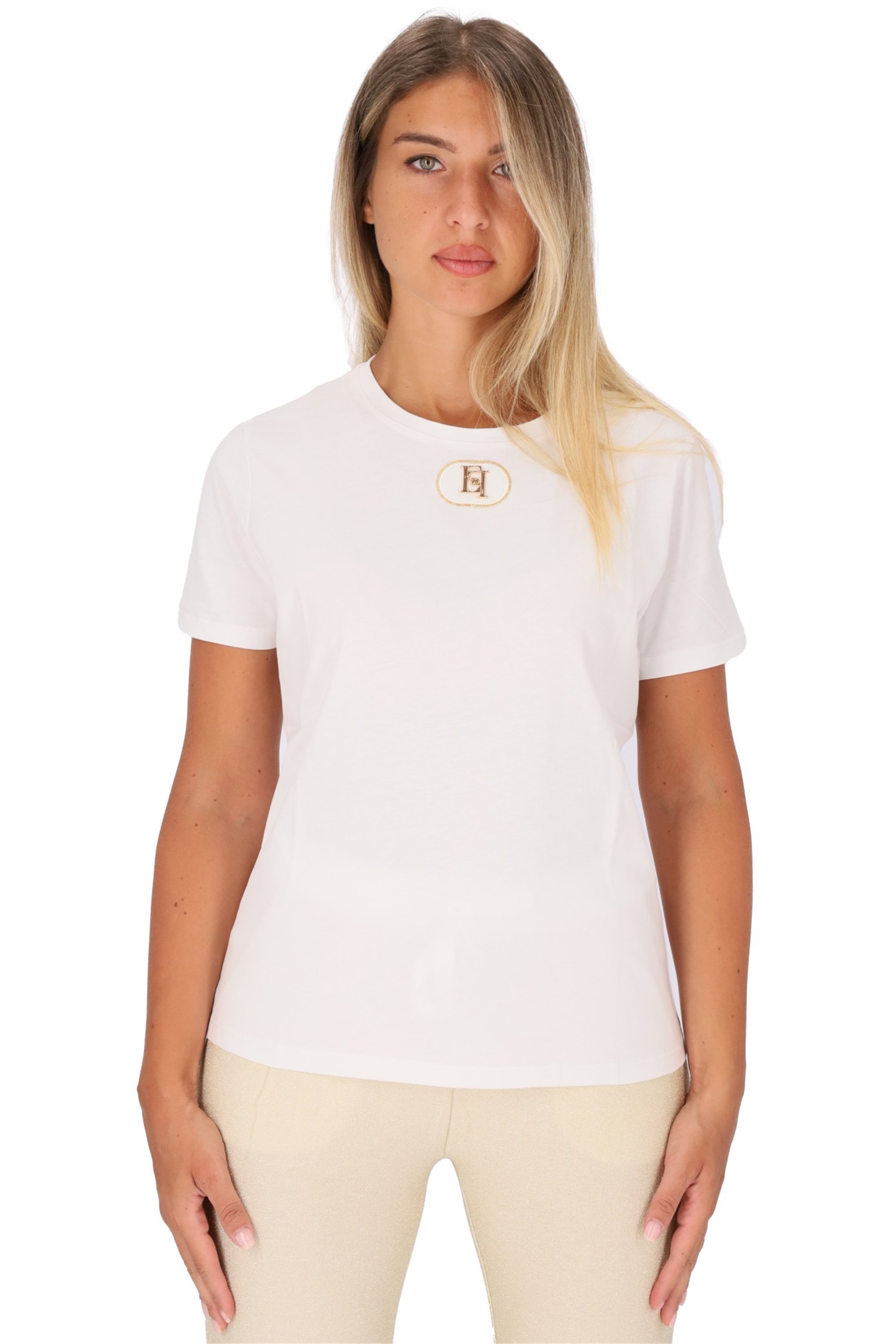 T-shirt donna Elisabetta Franchi in cotone con logo Gesso